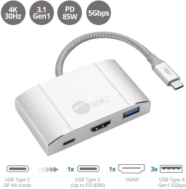 Alt view image 2 of 5 - SIIG USB-C Hub with 4K 30hz HDMI, 85W Laptop Charging, and 3X USB 3.1 Gen 1 Type A Ports - 5-in-1 Video Adapter Docking Station - for MacBook Pro, Surface Pro 6/7 and USB-C Laptops (JU-H30612-S2)