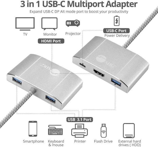 Alt view image 3 of 5 - SIIG USB-C Hub with 4K 30hz HDMI, 85W Laptop Charging, and 3X USB 3.1 Gen 1 Type A Ports - 5-in-1 Video Adapter Docking Station - for MacBook Pro, Surface Pro 6/7 and USB-C Laptops (JU-H30612-S2)