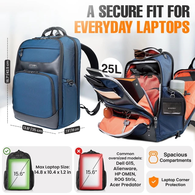 Alt view image 2 of 5 - EVERKI Onyx Business Travel Backpack with Laptop Compartment, Navy - 25 L