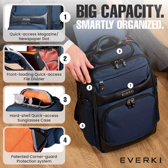Alt view image 4 of 5 - EVERKI Onyx Business Travel Backpack with Laptop Compartment, Navy - 25 L