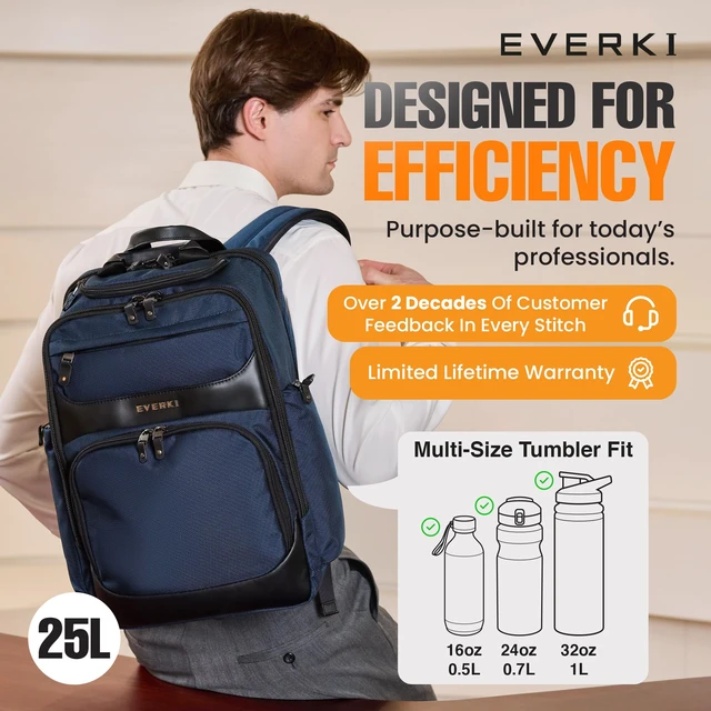 Alt view image 3 of 5 - EVERKI Onyx Business Travel Backpack with Laptop Compartment, Navy - 25 L