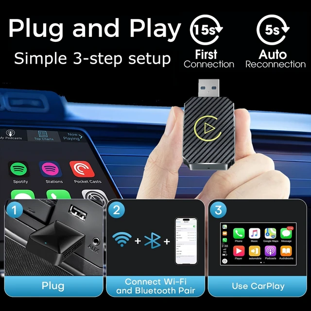Alt view image 5 of 5 - Wireless CarPlay Adapter 2026 Upgraded,CarPlay & Android Auto 2-in-1, Mini USB Design for Cars with Wired CarPlay,Fast Auto-Connect,Plug & Play,for iOS 10+, Android 11+ Version (Stripe)
