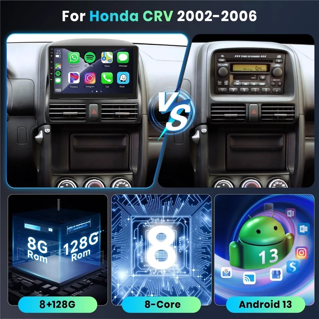 Alt view image 2 of 5 - 8+128G 8 Core Android Car Radio for Honda CRV 2002-2006, 9 Inch QLED Touch Screen Car Stereo Support Wireless Carplay/Android Auto,GPS,WiFi,AM/FM Radio,DSP/Hi-Res Audio+HD Backup Camera