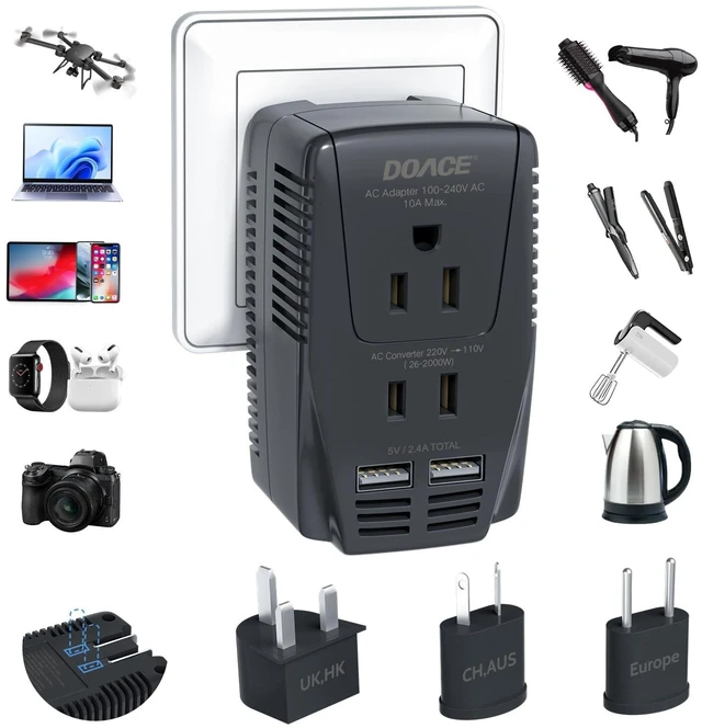 Main image of Upgraded 2000W Voltage Converter US to Europe -220V to 110V Converter for European Travel for Hair Dryer Straightener, 2300W Power Converter Adapter Combo with Dual USB for Tablet Camera Cell Phone