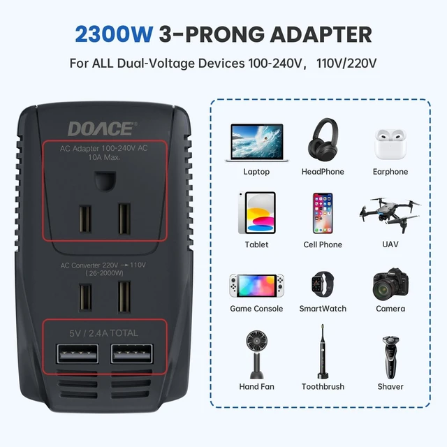 Alt view image 2 of 5 - Upgraded 2000W Voltage Converter US to Europe -220V to 110V Converter for European Travel for Hair Dryer Straightener, 2300W Power Converter Adapter Combo with Dual USB for Tablet Camera Cell Phone
