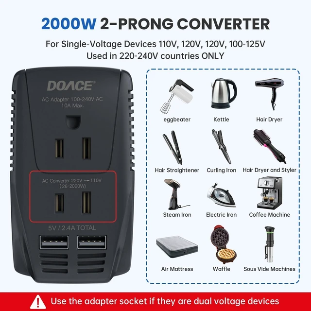 Alt view image 3 of 5 - Upgraded 2000W Voltage Converter US to Europe -220V to 110V Converter for European Travel for Hair Dryer Straightener, 2300W Power Converter Adapter Combo with Dual USB for Tablet Camera Cell Phone