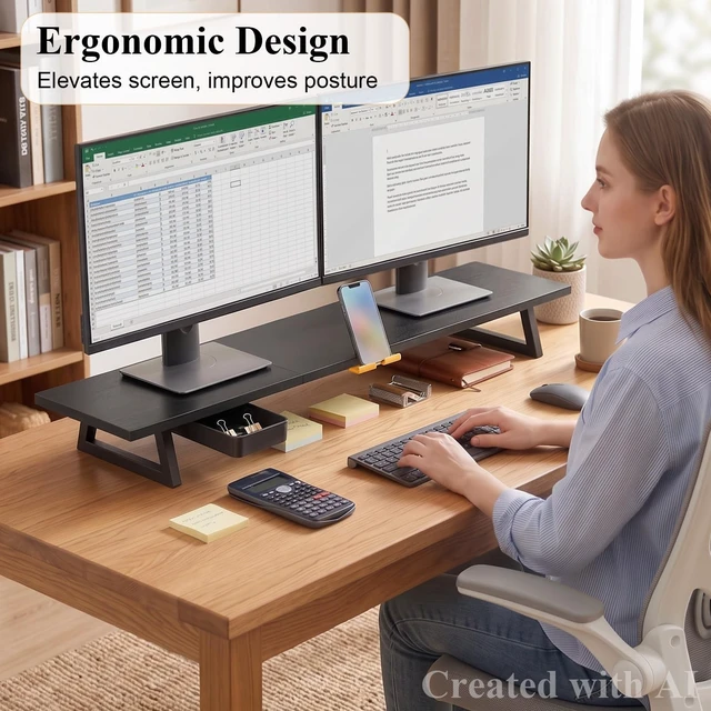 Alt view image 3 of 5 - TEAMIX 39.4 inch Dual Monitor Stand Riser with Drawer & Phone Holder, Black