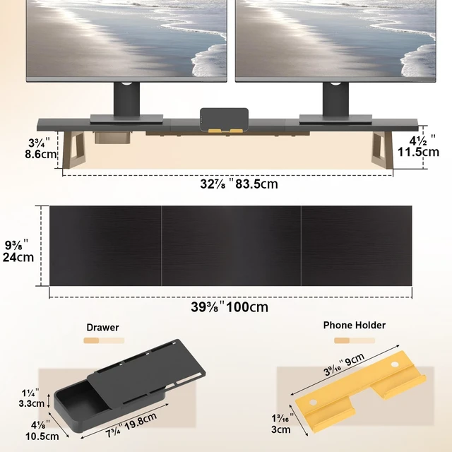 Alt view image 5 of 5 - TEAMIX 39.4 inch Dual Monitor Stand Riser with Drawer & Phone Holder, Black