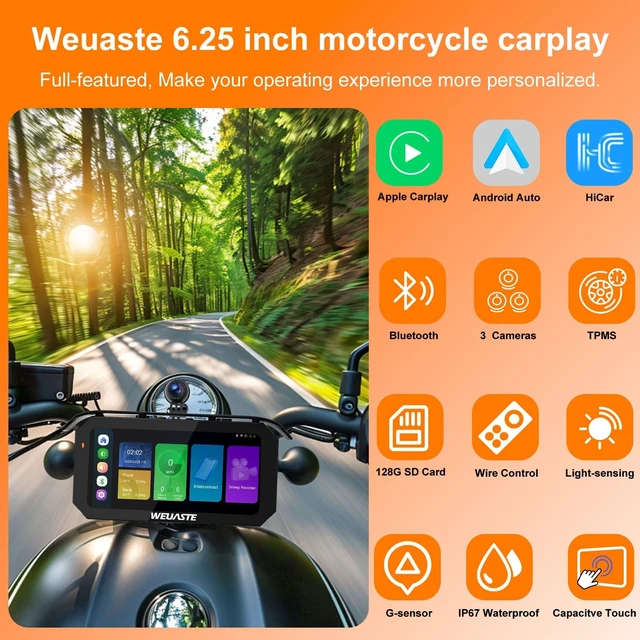 Alt view image 2 of 5 - WEUASTE 6.25' Motorcycle Carplay with Three Dash Cam (Inclues 128G SD),TMPS,GPS Navigation with Wireless Android Auto,Waterproof Touchscreen,Support Siri,Google Assistant,Anti-Glare,Bluetooth