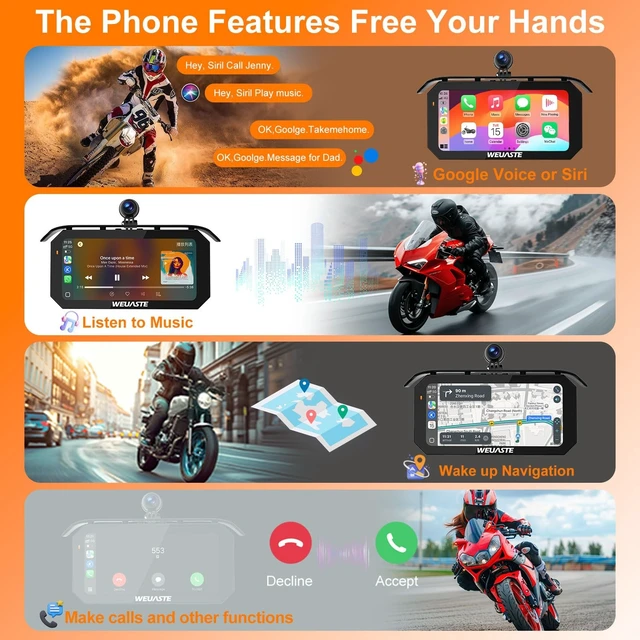 Alt view image 3 of 5 - WEUASTE 6.25' Motorcycle Carplay with Three Dash Cam (Inclues 128G SD),TMPS,GPS Navigation with Wireless Android Auto,Waterproof Touchscreen,Support Siri,Google Assistant,Anti-Glare,Bluetooth
