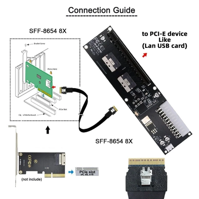 Alt view image 3 of 5 - chenyang Dual Port SlimSAS SFF-8654 8i to PCIe 4.0/5.0 X16 PCI Express Expansion Card Adapter with 12V 24Pin Power Port for eGPU Graphics/Sound/LAN Card