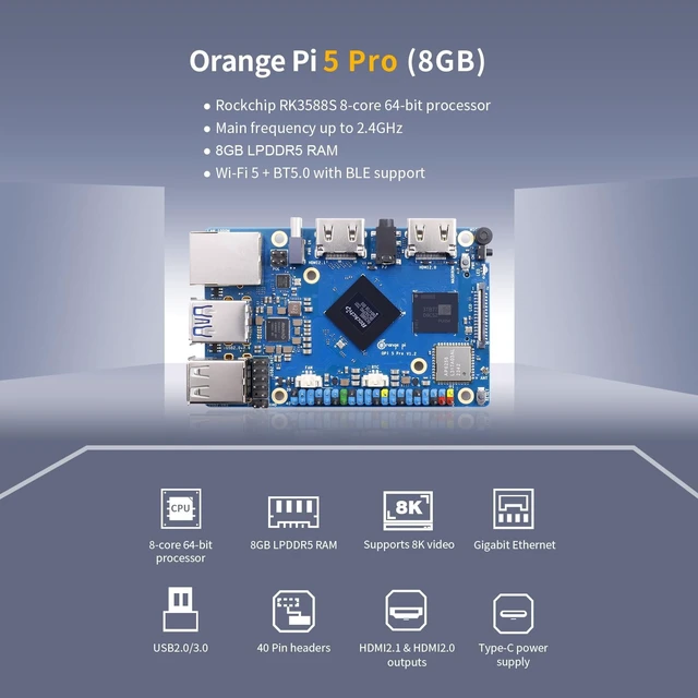 Alt view image 4 of 5 - Orange Pi 5 Pro 8GB LPDDR5 RK3588S 8 Core 64 Bit Single Board Computer, 8K Video Decoding 2.4GHz Frequency WiFi Bluetooth Open Source Board Run Orange Pi OS, Android, Debian, Ubuntu