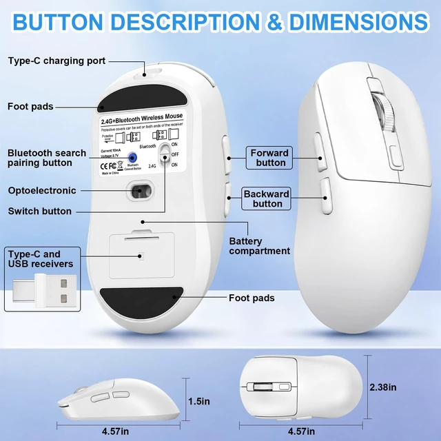 Alt view image 3 of 5 - MacBook Mouse Wireless Bluetooth Computer Mouse Mac Air Macbook Pro Wireless Mouse Rechargeable Bluetooth Mouse for Laptop iPad Silent Mouse with Jiggler Bluetooth 5.2/3.0 USB Type-C Rec