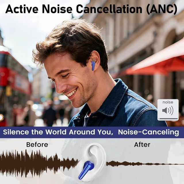Alt view image 4 of 5 - CXPSUE Wireless Earbuds 2 Pack, ANC in-Ear Bluetooth Headphones, Big Bass Durable, Lightweight Design for Noisy Factories, Gym, and Travel, 60 Hour Long Playtime (Dark Blue)