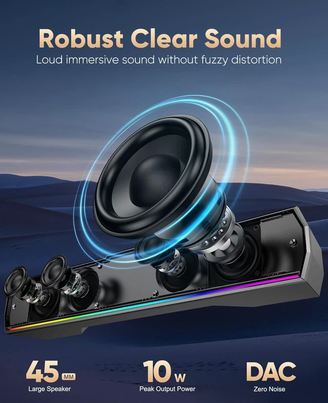 Alt view image 2 of 5 - Kunodi USB Computer Speakers for Desktop PC, Stereo External Speakers with Dynamic Lights, Plug and Play, Easy Buttons, USB/USB C Powered Sound Bar for Desktop & Laptop, Desk