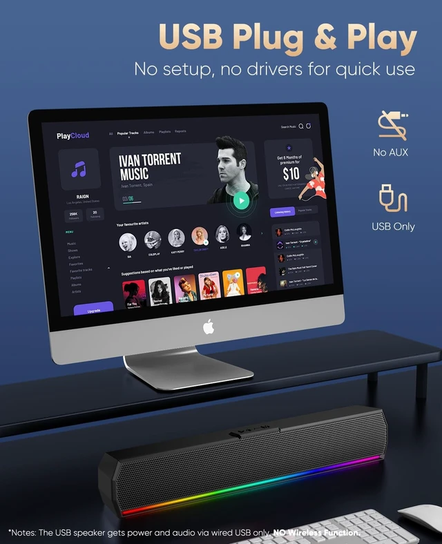 Alt view image 3 of 5 - Kunodi USB Computer Speakers for Desktop PC, Stereo External Speakers with Dynamic Lights, Plug and Play, Easy Buttons, USB/USB C Powered Sound Bar for Desktop & Laptop, Desk