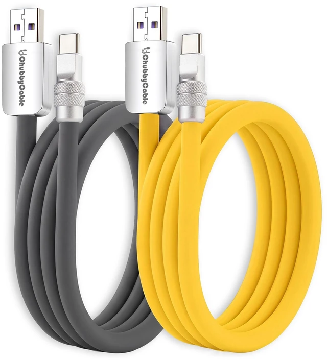 Main image of chubbycable 120W Silicone USB A to C Cable, 2 Pack, Gray+Yellow, 8.2FT