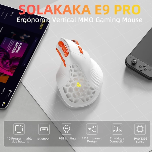 Alt view image 2 of 5 - SOLAKAKA E9 PRO Ergonomic Vertical MMO Mouse with 8K Dongle, White