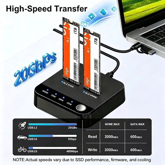 Alt view image 2 of 5 - SETHDA 20Gbps M.2 Cloner & Duplicator, Dual Bay NVMe SATA SSD Enclosure