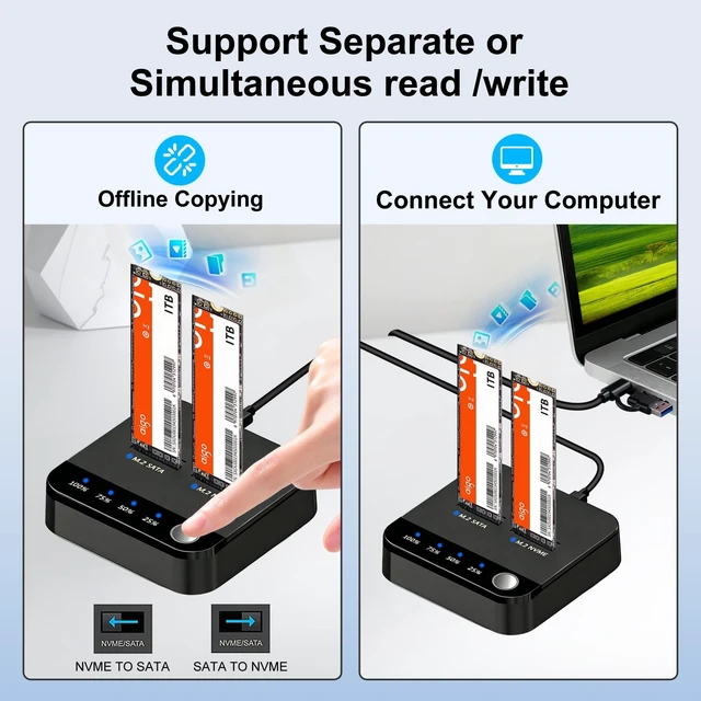 Alt view image 3 of 5 - SETHDA 20Gbps M.2 Cloner & Duplicator, Dual Bay NVMe SATA SSD Enclosure
