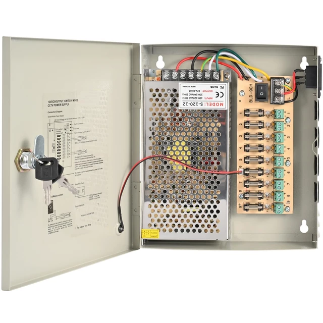 Alt view image 2 of 5 - 9-Channel 12V DC 10A CCTV Power Distribution Box, AC110V to DC12V Security Camera Power Supply with AC Plug and Locking Metal Cabinet for DVR/NVR Surveillance Systems (9-Channel/10A)