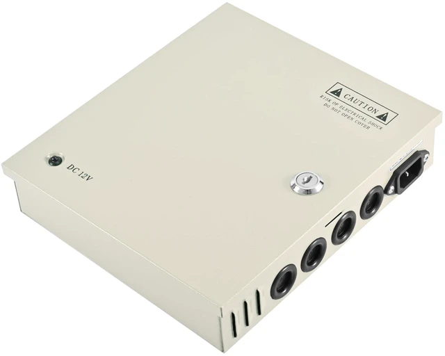 Alt view image 3 of 5 - 9-Channel 12V DC 10A CCTV Power Distribution Box, AC110V to DC12V Security Camera Power Supply with AC Plug and Locking Metal Cabinet for DVR/NVR Surveillance Systems (9-Channel/10A)