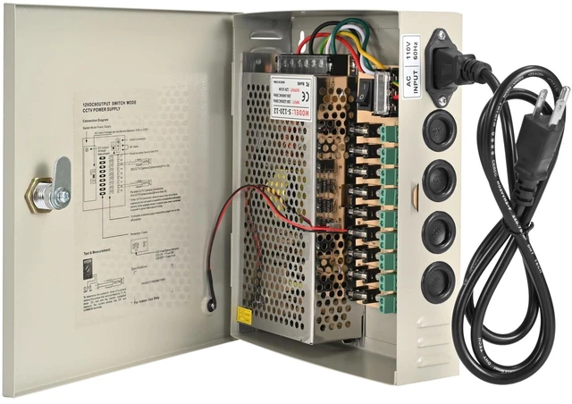 Main image of 9-Channel 12V DC 10A CCTV Power Distribution Box, AC110V to DC12V Security Camera Power Supply with AC Plug and Locking Metal Cabinet for DVR/NVR Surveillance Systems (9-Channel/10A)