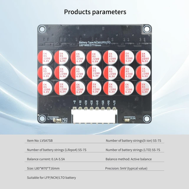 Alt view image 3 of 5 - LVNOON 5.5A 5S to 21S 5S 6S 7S 8S 9S 10S 12S 14S 16S 17S 21S Smart Active Balancer Active Equalizer Balancer for li-ion NCM Lifepo4 LFP LTO Battery Energy Capacitor (5S-7S)