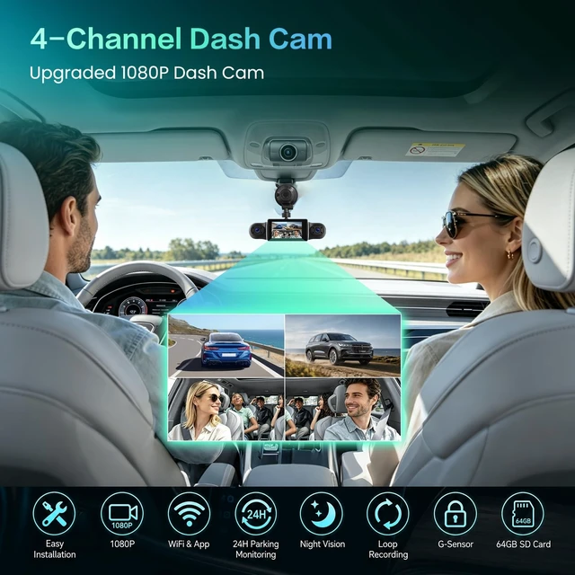 Alt view image 2 of 5 - 4 Channel Dash Cam 1080P Front+3x720P, 4 Lens 360 Full Protection Car DVR