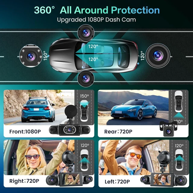 Alt view image 3 of 5 - 4 Channel Dash Cam 1080P Front+3x720P, 4 Lens 360 Full Protection Car DVR