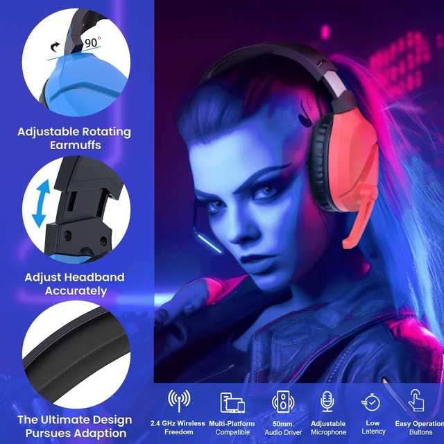 Alt view image 3 of 5 - WolfLawS Wireless Gaming Headset with Mic for PS5 PC PS4, Blue and Red