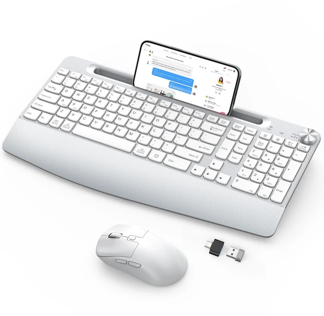 Main image of GAMCATZ Wireless Keyboard and Mouse - Full-Sized Ergonomic Keyboard with Wrist Rest, Phone Holder, Volume Knob,2.4GHz Silent Cordless Keyboard Mouse Combo for Computer, Laptop, PC, Mac, Windows