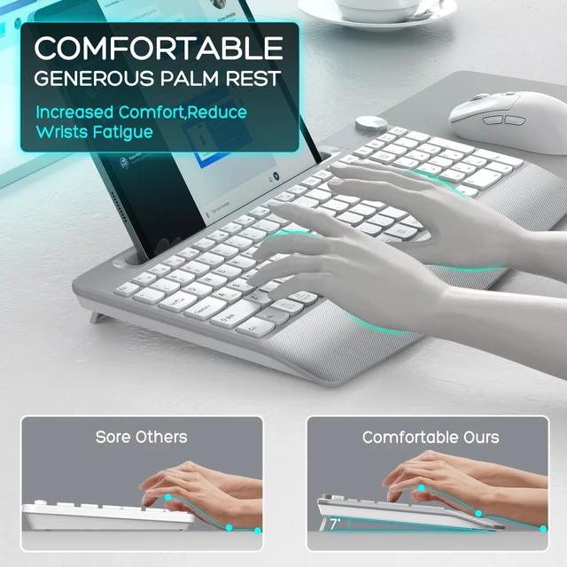 Alt view image 4 of 5 - GAMCATZ Wireless Keyboard and Mouse - Full-Sized Ergonomic Keyboard with Wrist Rest, Phone Holder, Volume Knob,2.4GHz Silent Cordless Keyboard Mouse Combo for Computer, Laptop, PC, Mac, Windows