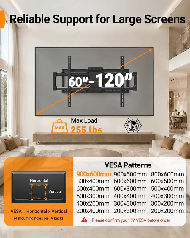 Alt view image 2 of 5 - Perlegear Full Motion TV Wall Mount with Power Strip for 60120 Inch TVs