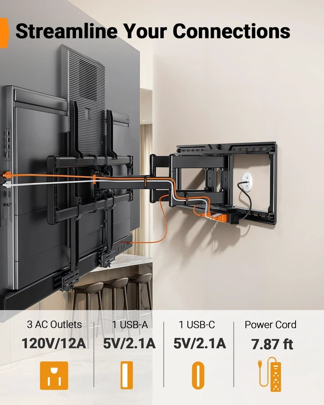 Alt view image 5 of 5 - Perlegear Full Motion TV Wall Mount with Power Strip for 60120 Inch TVs