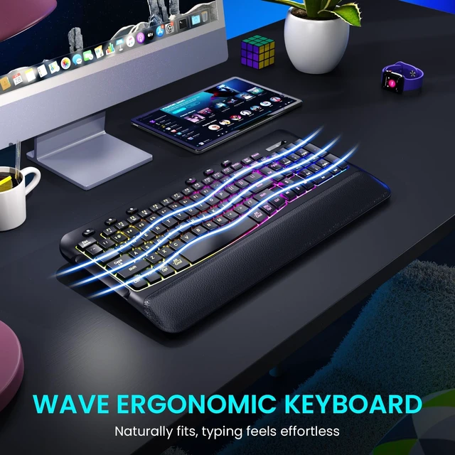 Alt view image 2 of 5 - Ergonomic Wave Wireless Keyboard Mouse Combo, 9 RGB Backlit, Silent Keys