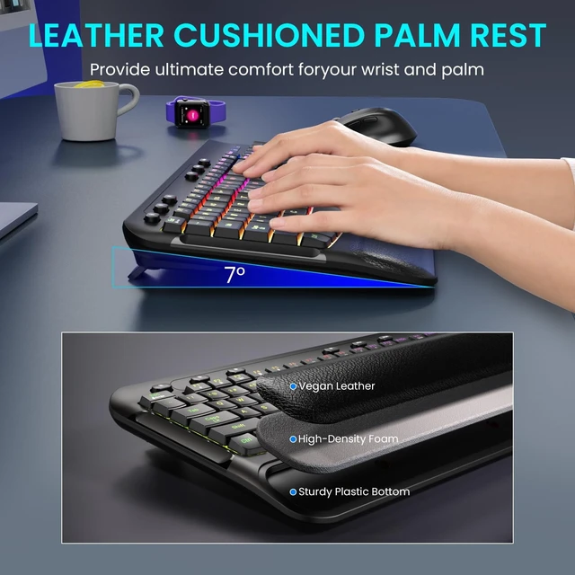 Alt view image 3 of 5 - Ergonomic Wave Wireless Keyboard Mouse Combo, 9 RGB Backlit, Silent Keys