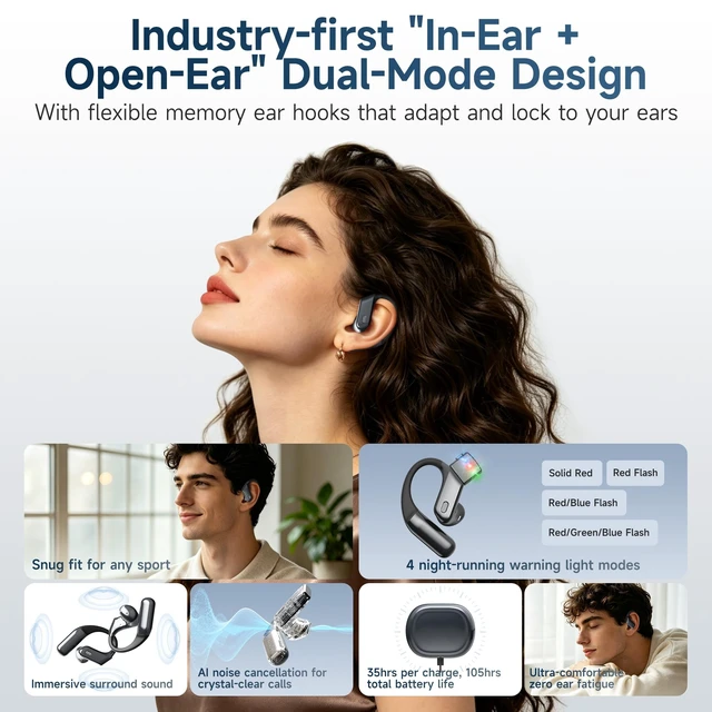 Alt view image 2 of 5 - 2-In-1 In-Ear & Open-Ear Headphones With 105H Playback Time, Night Running Warning Light, Wireless Earbuds With Clear Calls, Immersive Sound,Touch Control,Perfect For Gym / Running (Midnight Bl