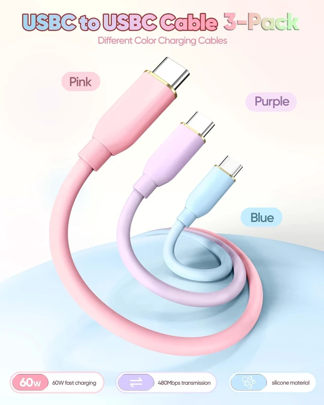Alt view image 2 of 5 - USB C to USB C Cable 15FT 3-Pack , 60W USBC Silicone Cable Multicolored