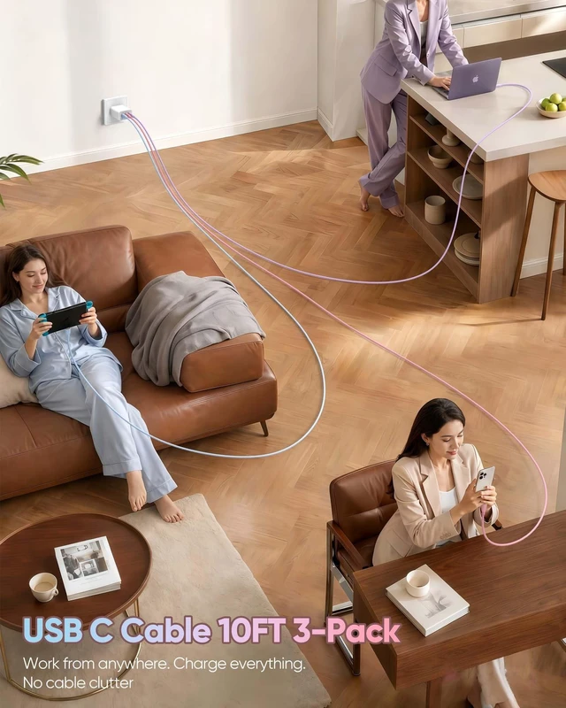 Alt view image 3 of 5 - USB C to USB C Cable 15FT 3-Pack , 60W USBC Silicone Cable Multicolored