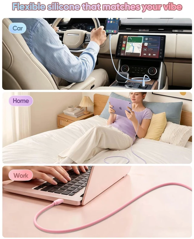 Alt view image 4 of 5 - USB C to USB C Cable 15FT 3-Pack , 60W USBC Silicone Cable Multicolored