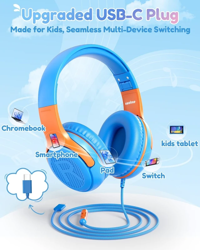 Alt view image 2 of 5 - awatrue AT2C USB-C Kids Headphones with Mic - 85/94dB Volume Limiter