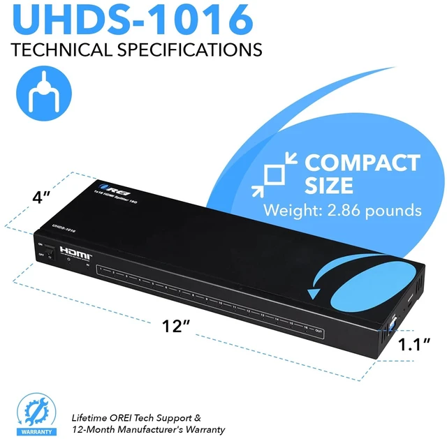 Alt view image 5 of 5 - OREI 1 in 16 Out HDMI Splitter 4K@60Hz 8-bit with HDCP 2.2, 18 Gbps