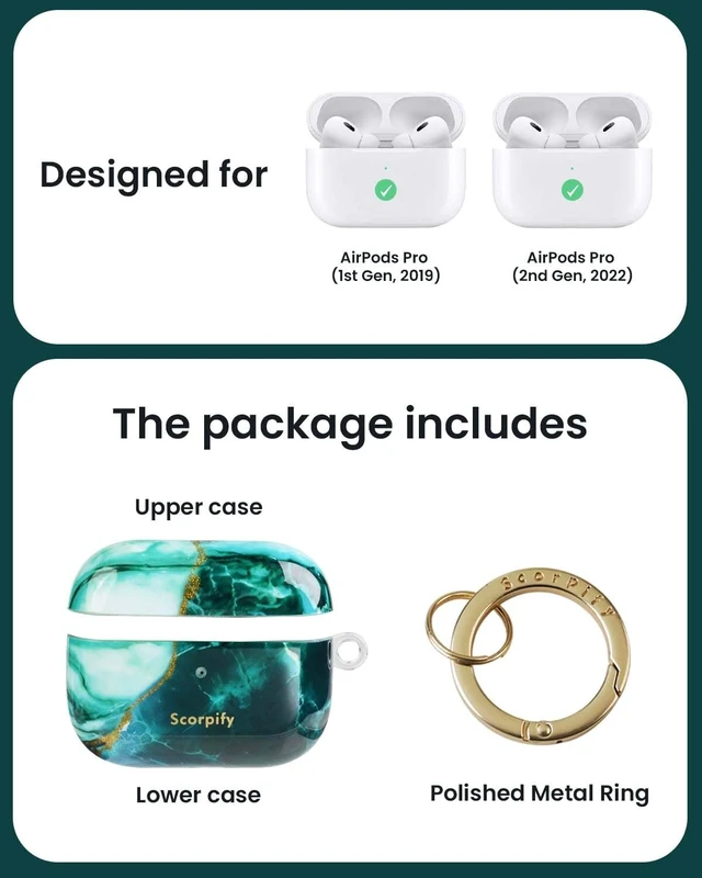 Alt view image 3 of 5 - SCORPIFY for AirPods Pro Case 1 & 2 (1st & 2nd Generation, 2019/2022) with Keychain, Compatible with Apple AirPod Pro 1 & 2, Cute Hard Shell Cover, Earbuds Case for Women - Emerald Green Mar