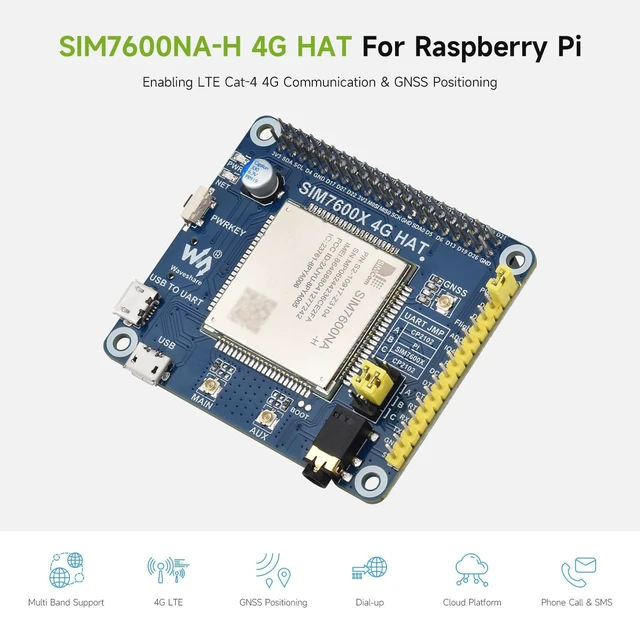 Alt view image 3 of 5 - Waveshare SIM7600NA-H 4G HAT, Compatible with Raspberry Pi/Jetson Nano, with GPS, SIM, Audio, AT Command Control, UART Debugging, 3G/4G Communication, Positioning, and Voltage Translator