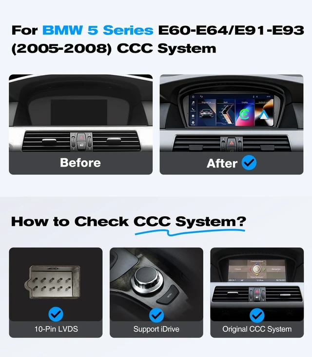 Alt view image 2 of 5 - 9.3" Touch Screen CarPlay Radio for BMW 5 Series E60 E61 E63 E64 E90 E91 E92 E93 2005-2008 CCC System Upgrade Android Auto Car Multimedias Player Original Stereo iDrive Amplifer Retained