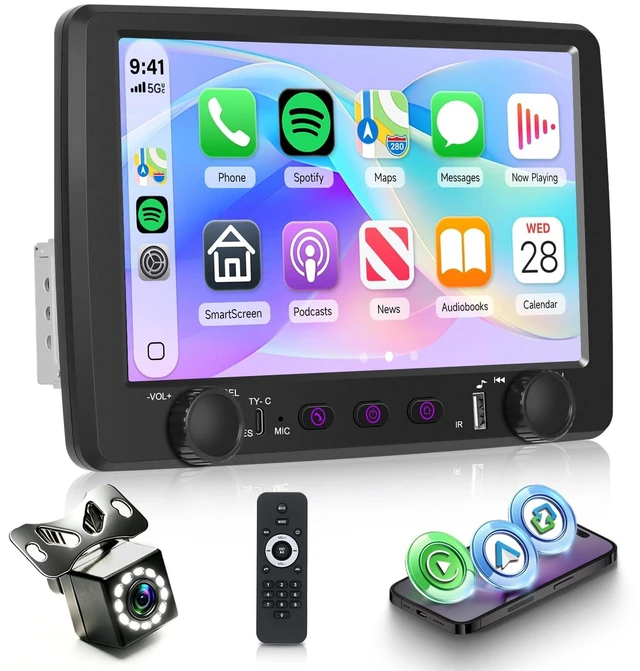 Main image of 9'' Single Din Car Stereo with Wireless CarPlay and Android Auto,Single Din Touchscreen Car Radio with Rear View Camera Hands-Free Bluetooth USB Type-C SWC EQ FM Radio