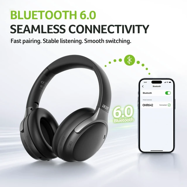 Alt view image 3 of 5 - Acer Active Noise Cancelling Headphones,Wireless Bluetooth Over-Ear,Black