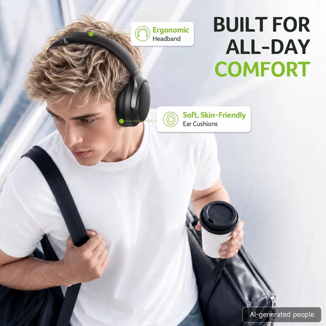 Alt view image 5 of 5 - Acer Active Noise Cancelling Headphones,Wireless Bluetooth Over-Ear,Black
