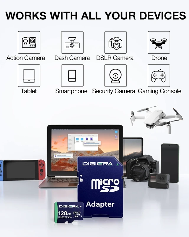 Alt view image 3 of 5 - DIGIERA 128GB CT100 microSDXC UHS-I Memory Card with Adapter - up to 100MB/s, C10, U3, V30, 4K UHD, A2, Micro SD Card for Smartphones, Tablets, Cameras, Gaming Consoles, and Drones (1 Pack)